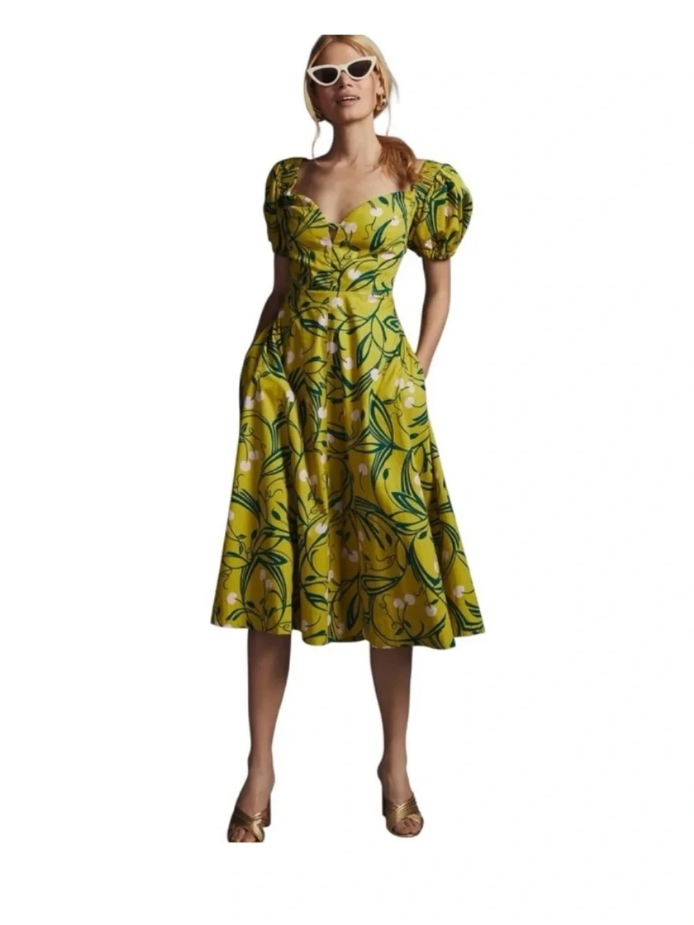 Maeve Puff-Sleeve Sweetheart Dress in Cherry Chartreuse‎ - Picture 4 of 14